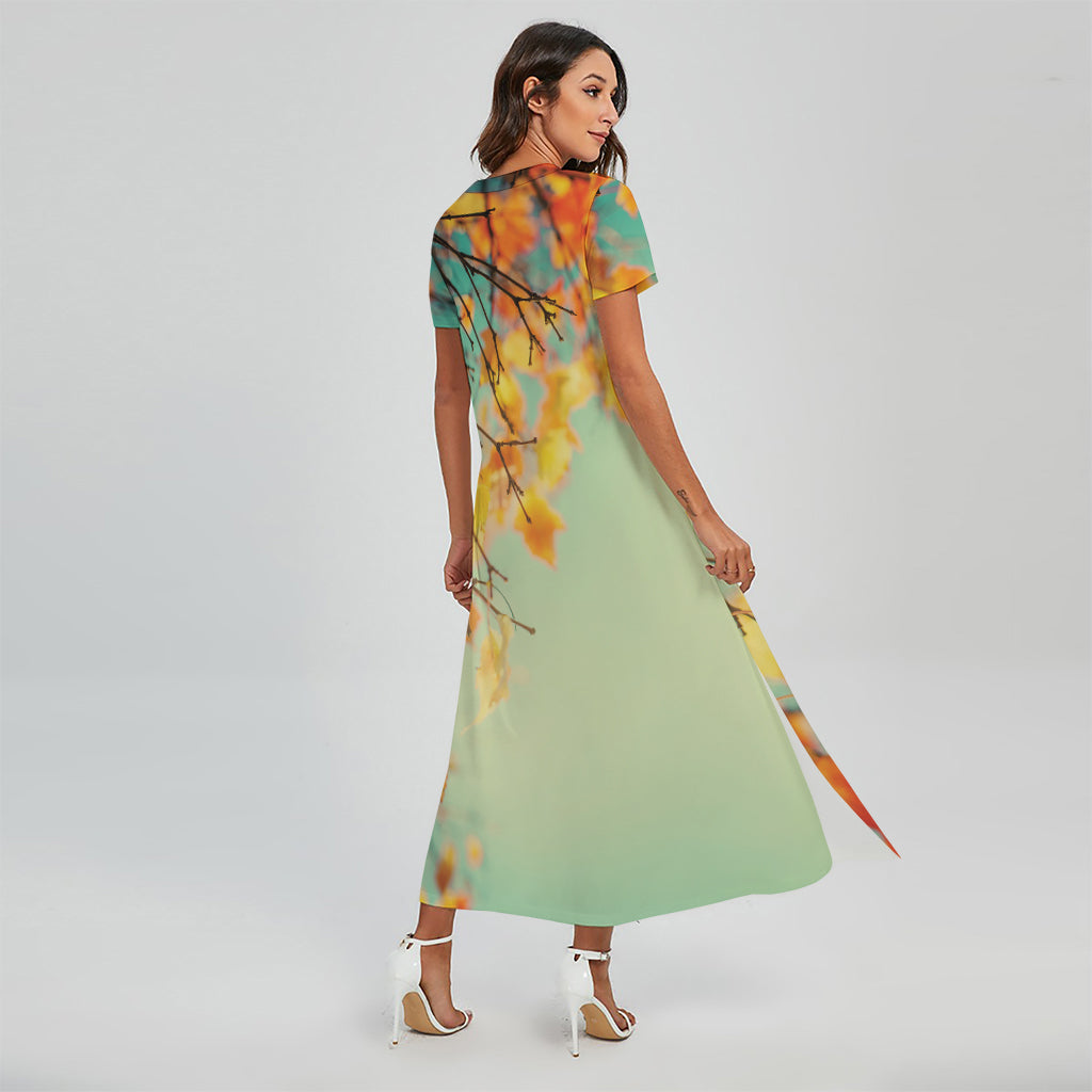 Vintage Autumn Print Short Sleeve Maxi Dress