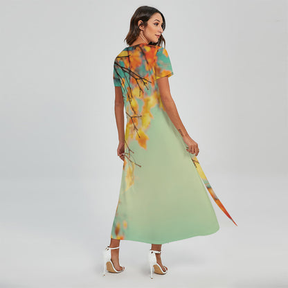 Vintage Autumn Print Short Sleeve Maxi Dress