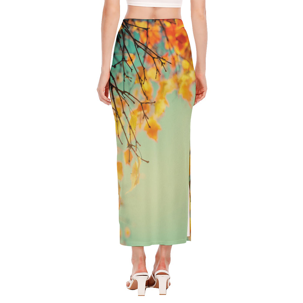 Vintage Autumn Print Side Slit Maxi Skirt