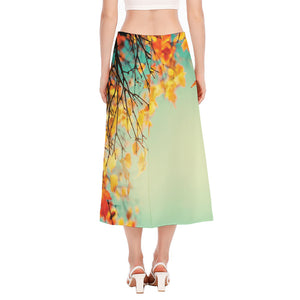 Vintage Autumn Print Side Slit Midi Skirt