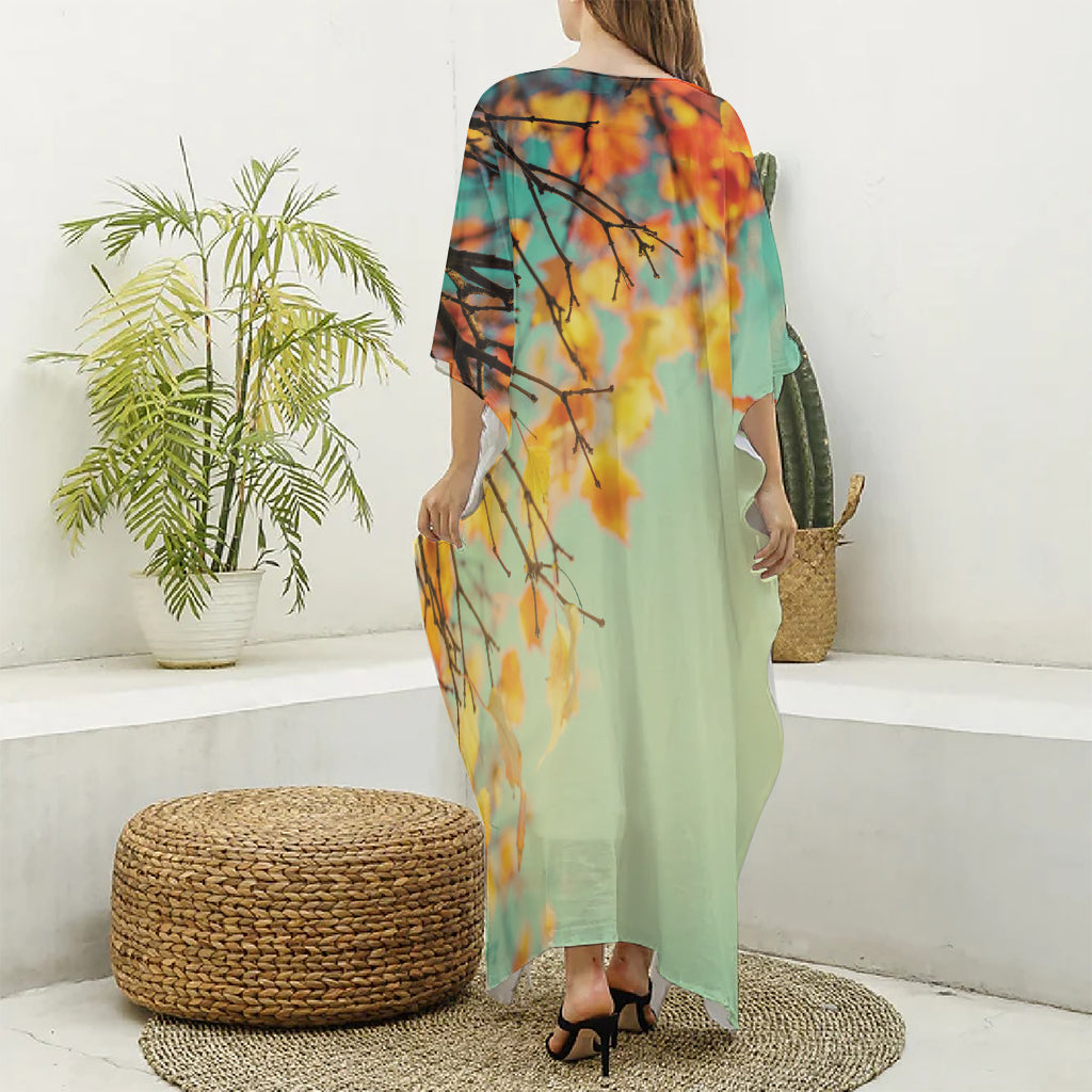 Vintage Autumn Print Silk V-Neck Kaftan Dress