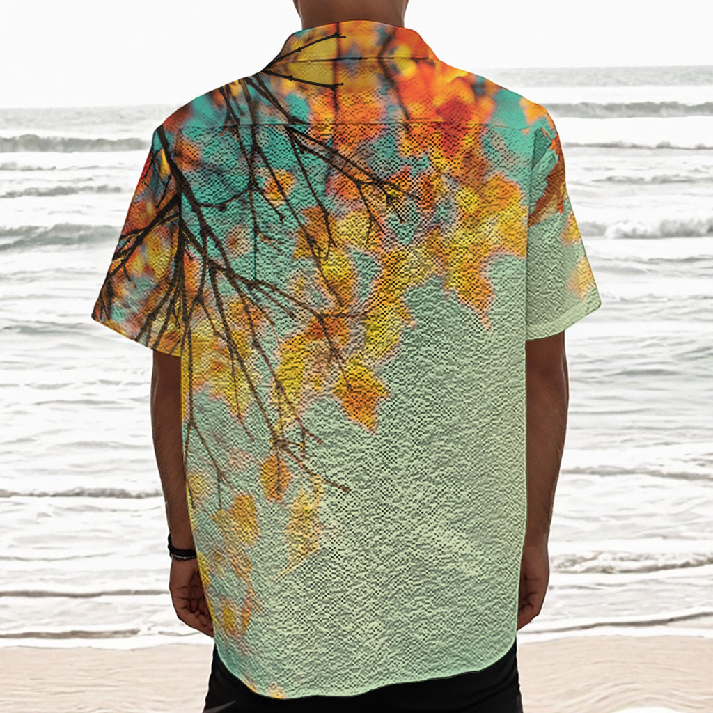 Vintage Autumn Print Textured Short Sleeve Shirt