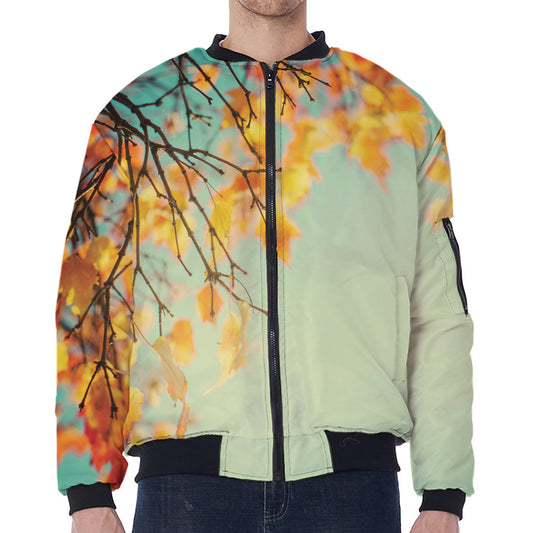 Vintage Autumn Print Zip Sleeve Bomber Jacket