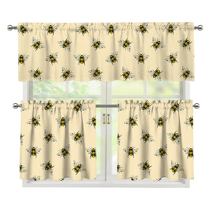 Vintage Bee Pattern Print 3 Piece Kitchen Curtains