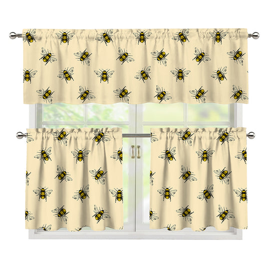Vintage Bee Pattern Print 3 Piece Kitchen Curtains