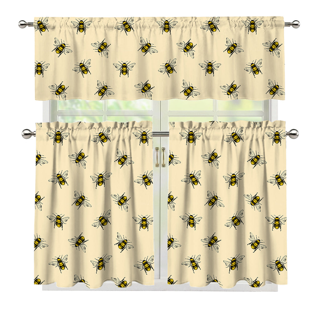 Vintage Bee Pattern Print 3 Piece Kitchen Curtains