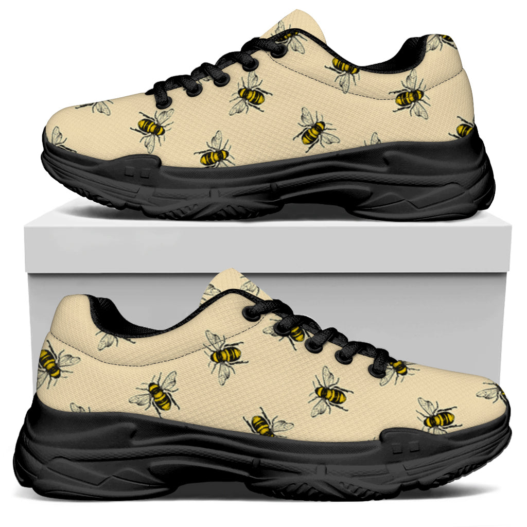 Vintage Bee Pattern Print Black Chunky Shoes