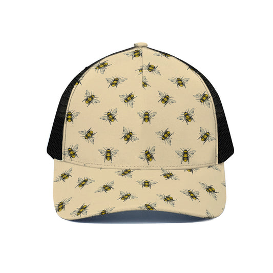 Vintage Bee Pattern Print Black Mesh Trucker Cap