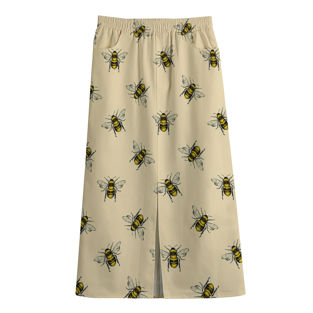 Vintage Bee Pattern Print Cotton Front Slit Maxi Skirt