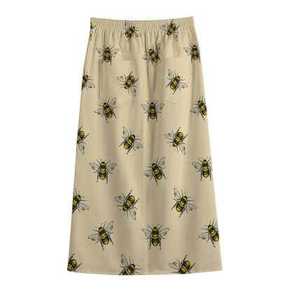 Vintage Bee Pattern Print Cotton Front Slit Maxi Skirt