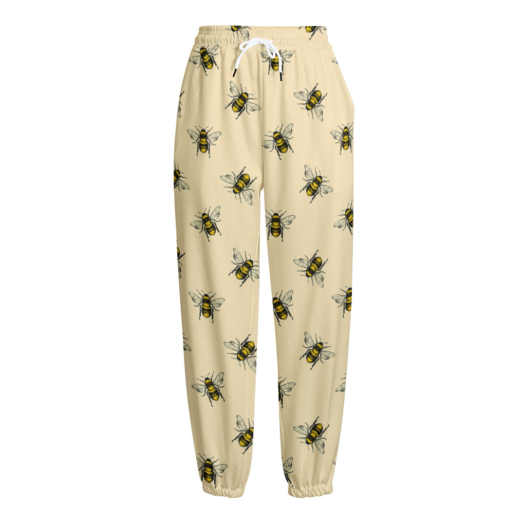 Vintage Bee Pattern Print Fleece Lined Knit Pants