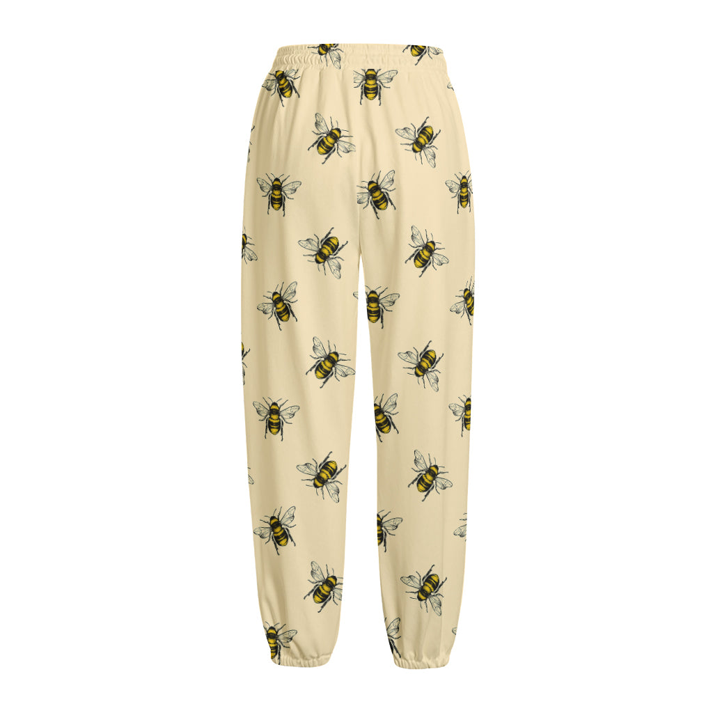 Vintage Bee Pattern Print Fleece Lined Knit Pants