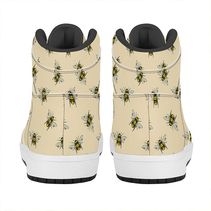 Vintage Bee Pattern Print High Top Leather Sneakers