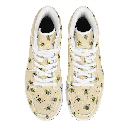 Vintage Bee Pattern Print High Top Leather Sneakers