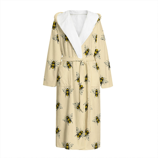 Vintage Bee Pattern Print Hooded Bathrobe