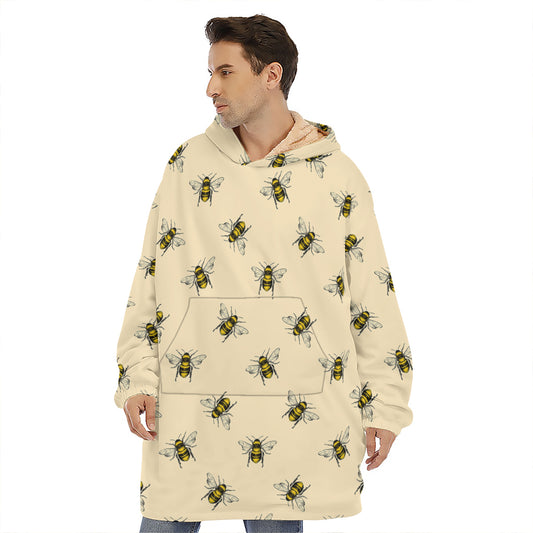Vintage Bee Pattern Print Hoodie Blanket