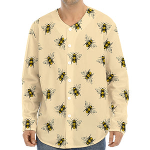 Vintage Bee Pattern Print Long Sleeve Baseball Jersey