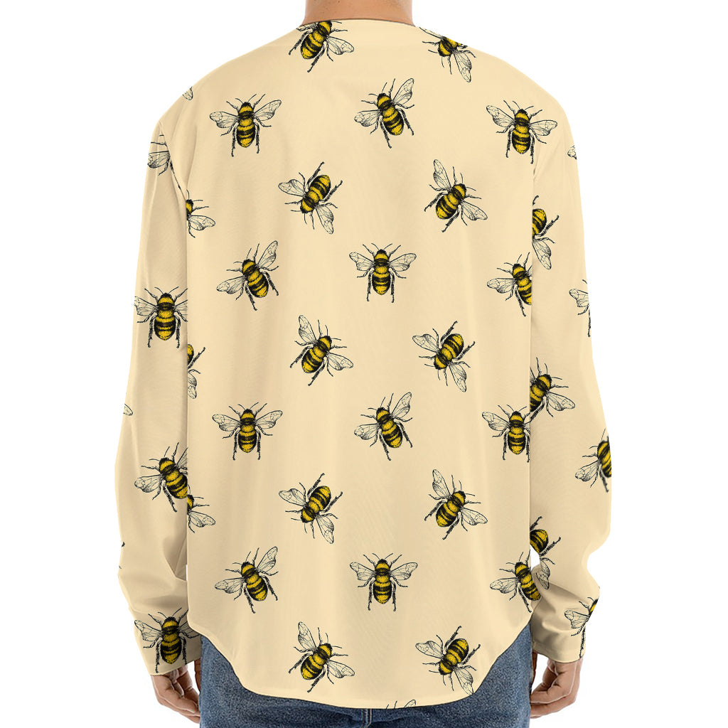 Vintage Bee Pattern Print Long Sleeve Baseball Jersey