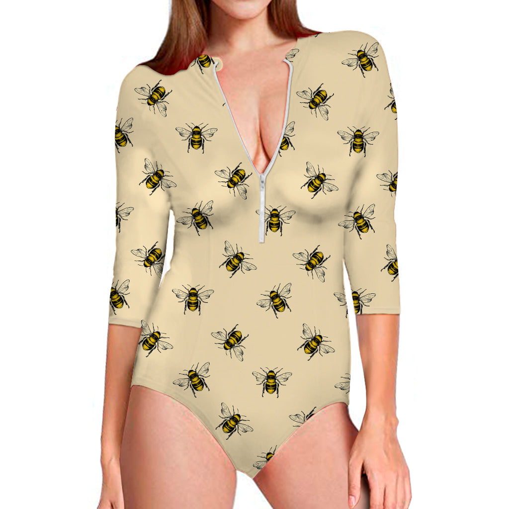 Vintage Bee Pattern Print Long Sleeve Swimsuit