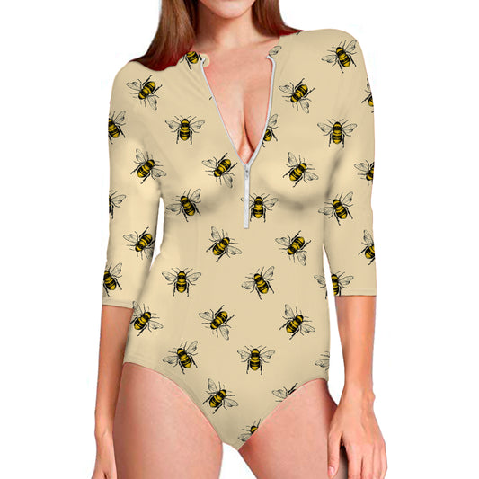 Vintage Bee Pattern Print Long Sleeve Swimsuit