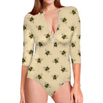 Vintage Bee Pattern Print Long Sleeve Swimsuit