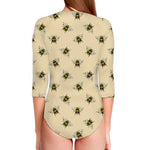 Vintage Bee Pattern Print Long Sleeve Swimsuit