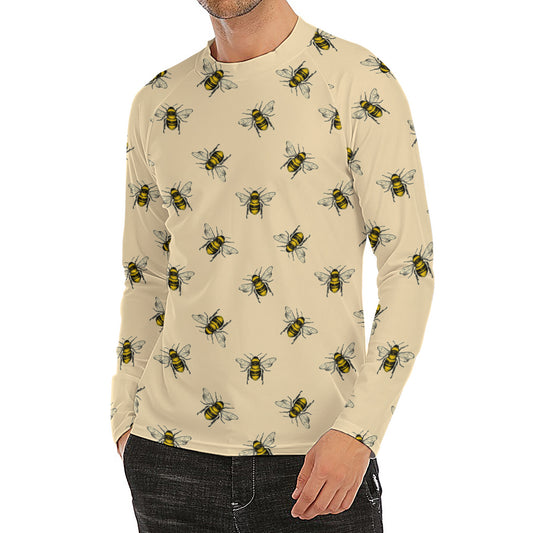 Vintage Bee Pattern Print Men's Long Sleeve Rash Guard