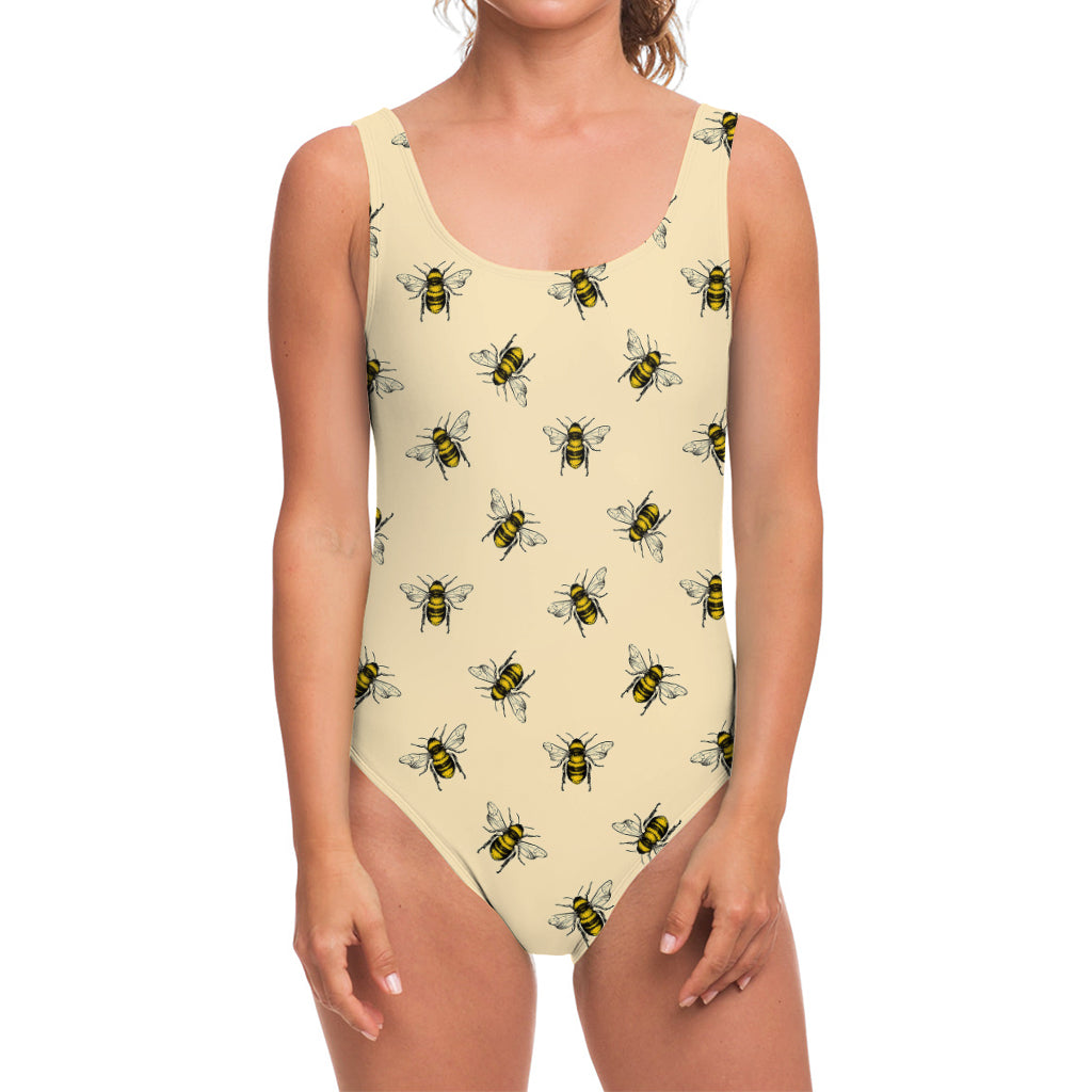 Vintage Bee Pattern Print One Piece Swimsuit
