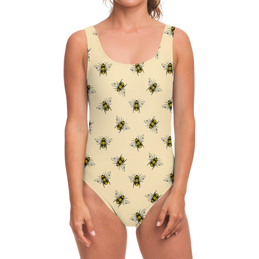 Vintage Bee Pattern Print One Piece Swimsuit