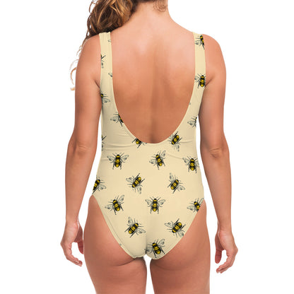 Vintage Bee Pattern Print One Piece Swimsuit