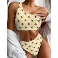 Vintage Bee Pattern Print One Shoulder Bikini Set