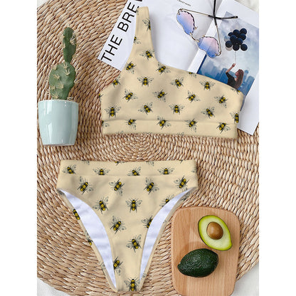 Vintage Bee Pattern Print One Shoulder Bikini Top