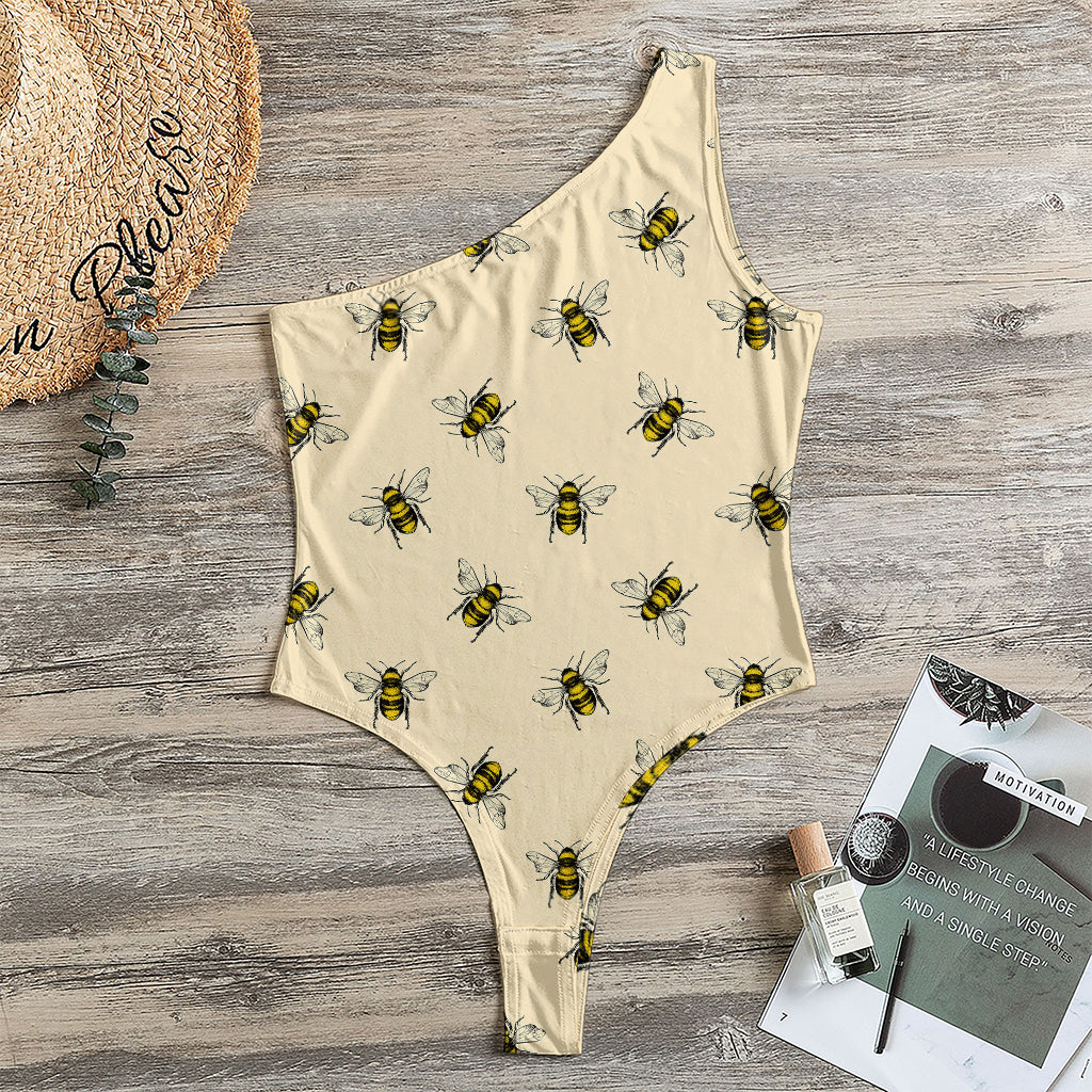 Vintage Bee Pattern Print One Shoulder Bodysuit