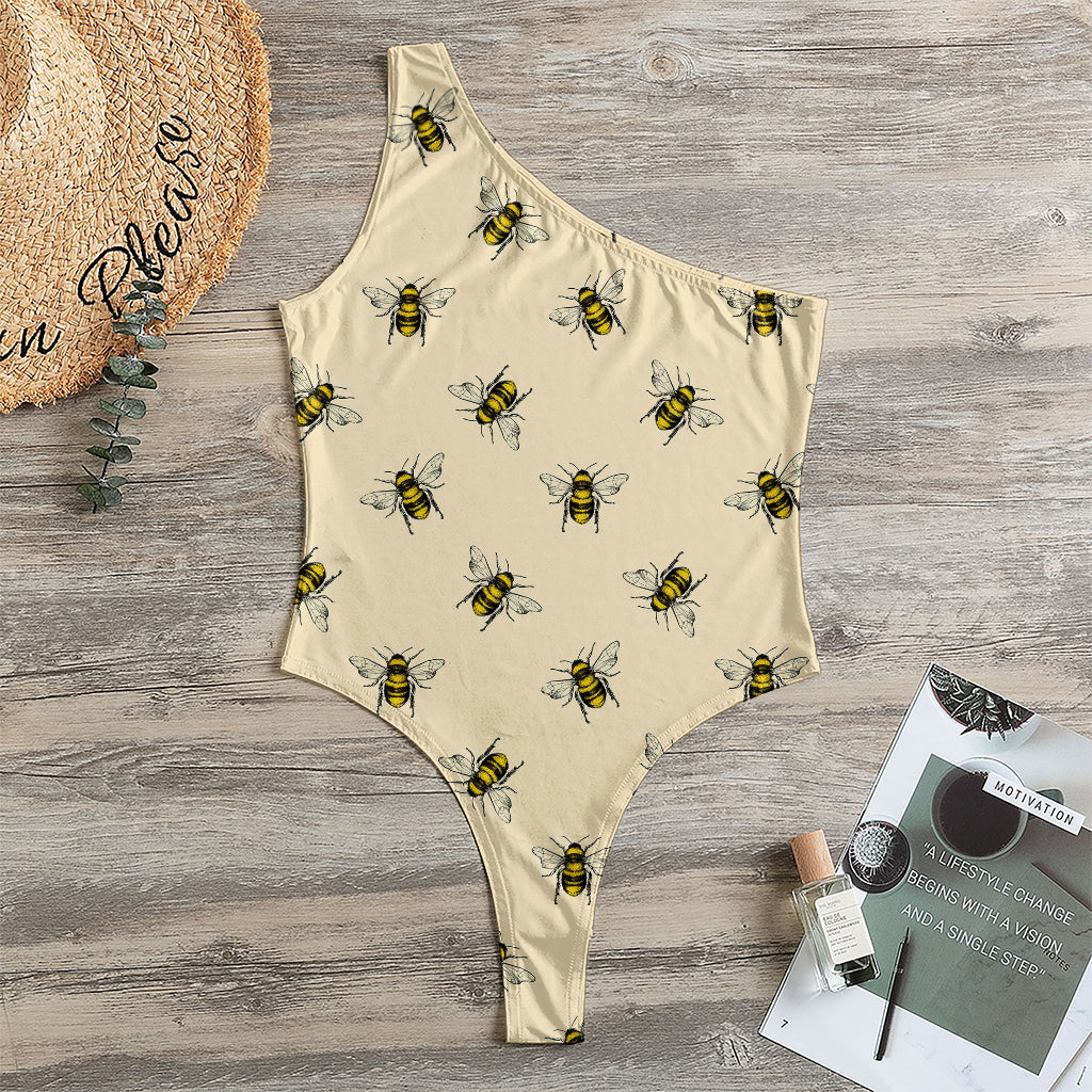 Vintage Bee Pattern Print One Shoulder Bodysuit