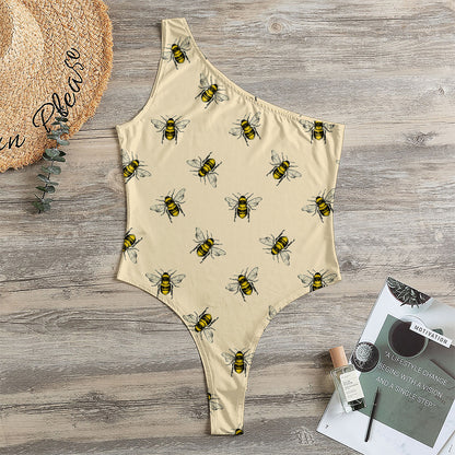 Vintage Bee Pattern Print One Shoulder Bodysuit