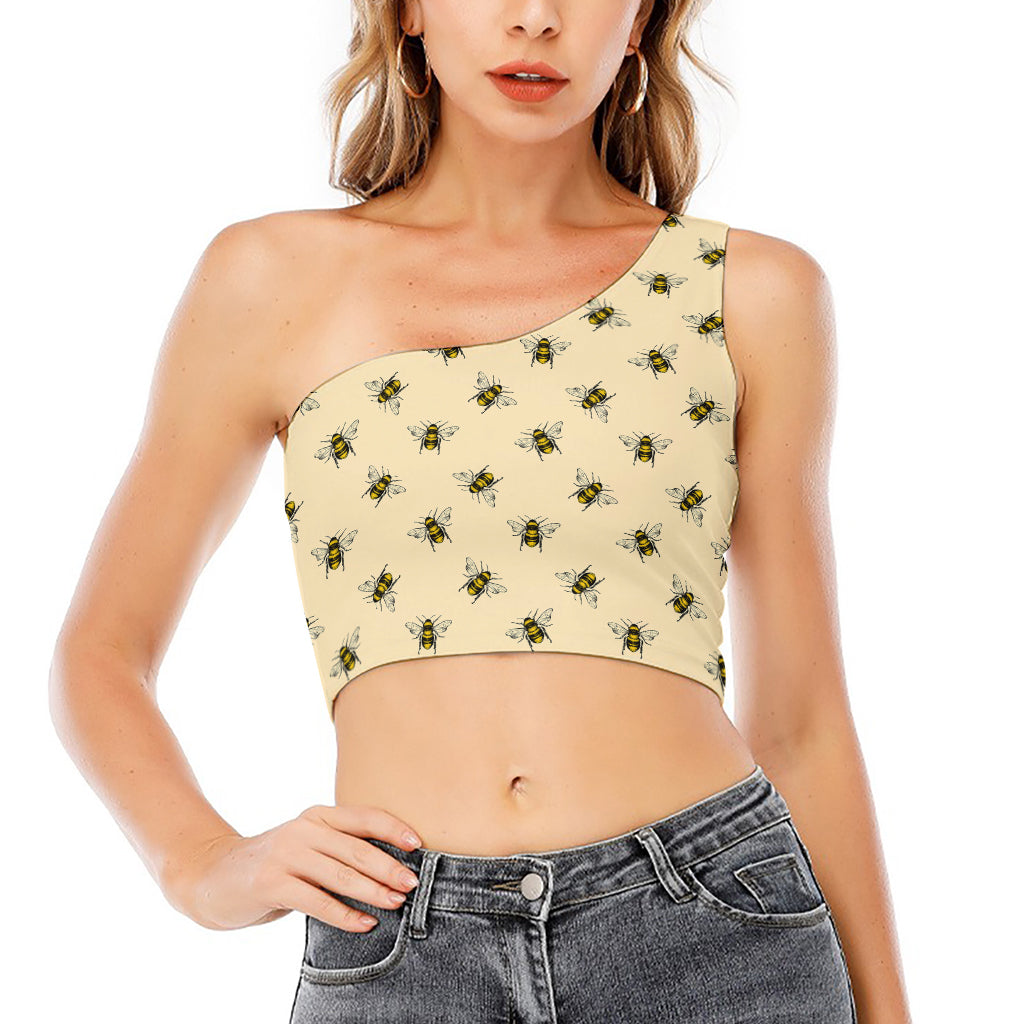 Vintage Bee Pattern Print One Shoulder Crop Top