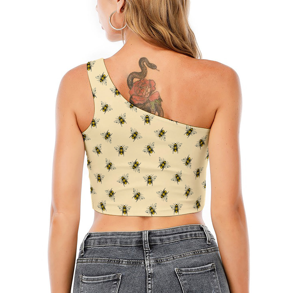 Vintage Bee Pattern Print One Shoulder Crop Top