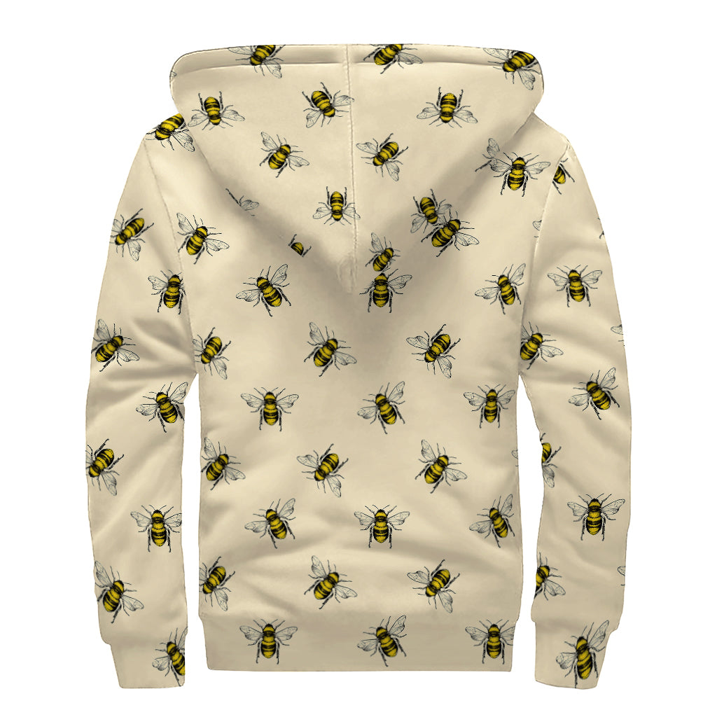 Vintage Bee Pattern Print Sherpa Lined Zip Up Hoodie