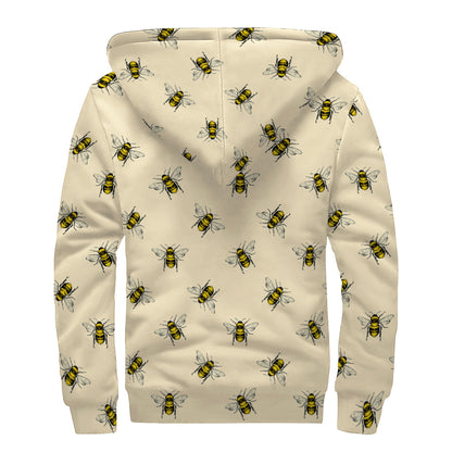 Vintage Bee Pattern Print Sherpa Lined Zip Up Hoodie