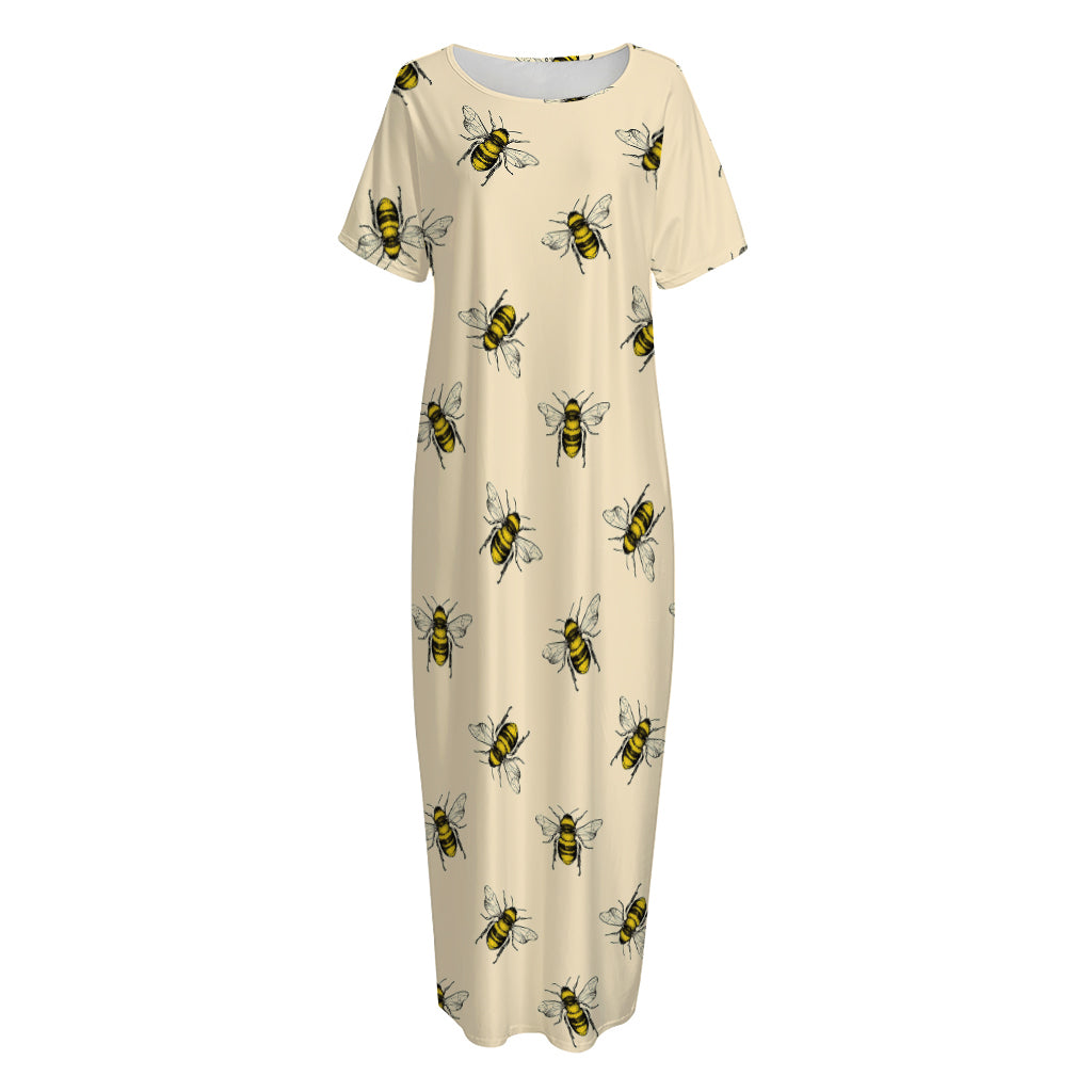 Vintage Bee Pattern Print Short Sleeve Long Nightdress