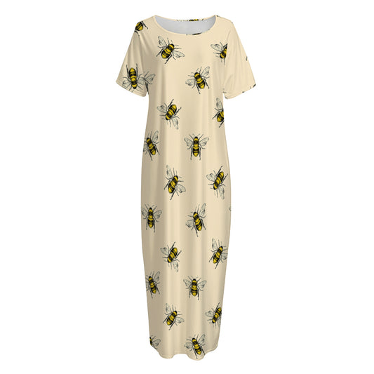 Vintage Bee Pattern Print Short Sleeve Long Nightdress