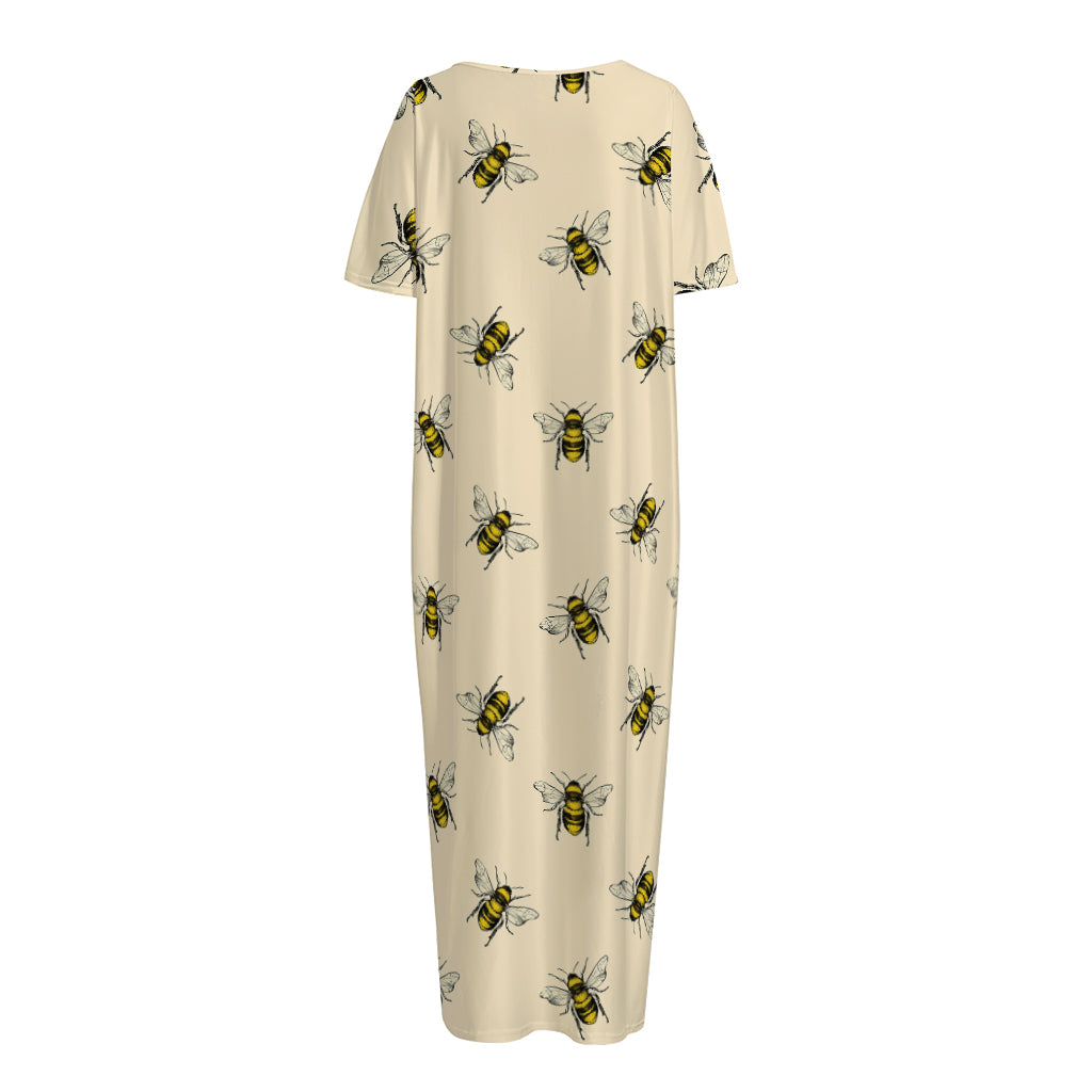 Vintage Bee Pattern Print Short Sleeve Long Nightdress