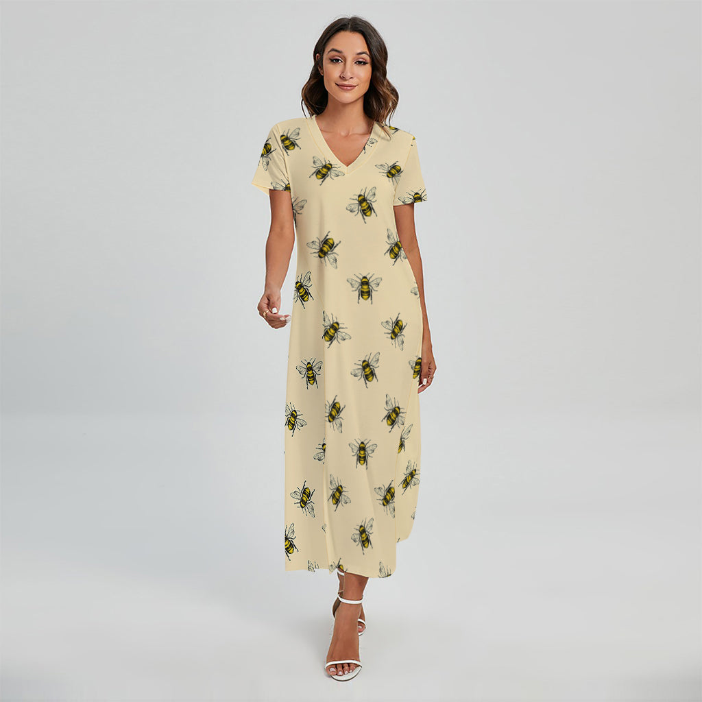 Vintage Bee Pattern Print Short Sleeve Maxi Dress