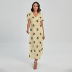 Vintage Bee Pattern Print Short Sleeve Maxi Dress