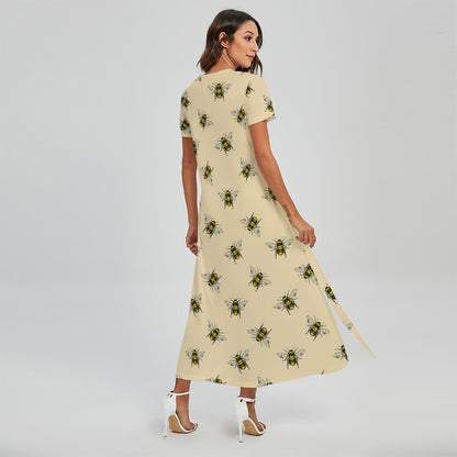 Vintage Bee Pattern Print Short Sleeve Maxi Dress