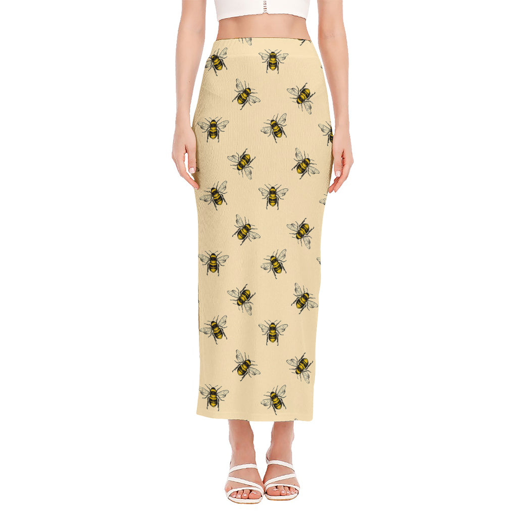 Vintage Bee Pattern Print Side Slit Maxi Skirt