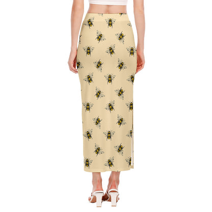 Vintage Bee Pattern Print Side Slit Maxi Skirt