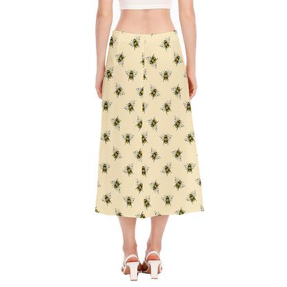 Vintage Bee Pattern Print Side Slit Midi Skirt