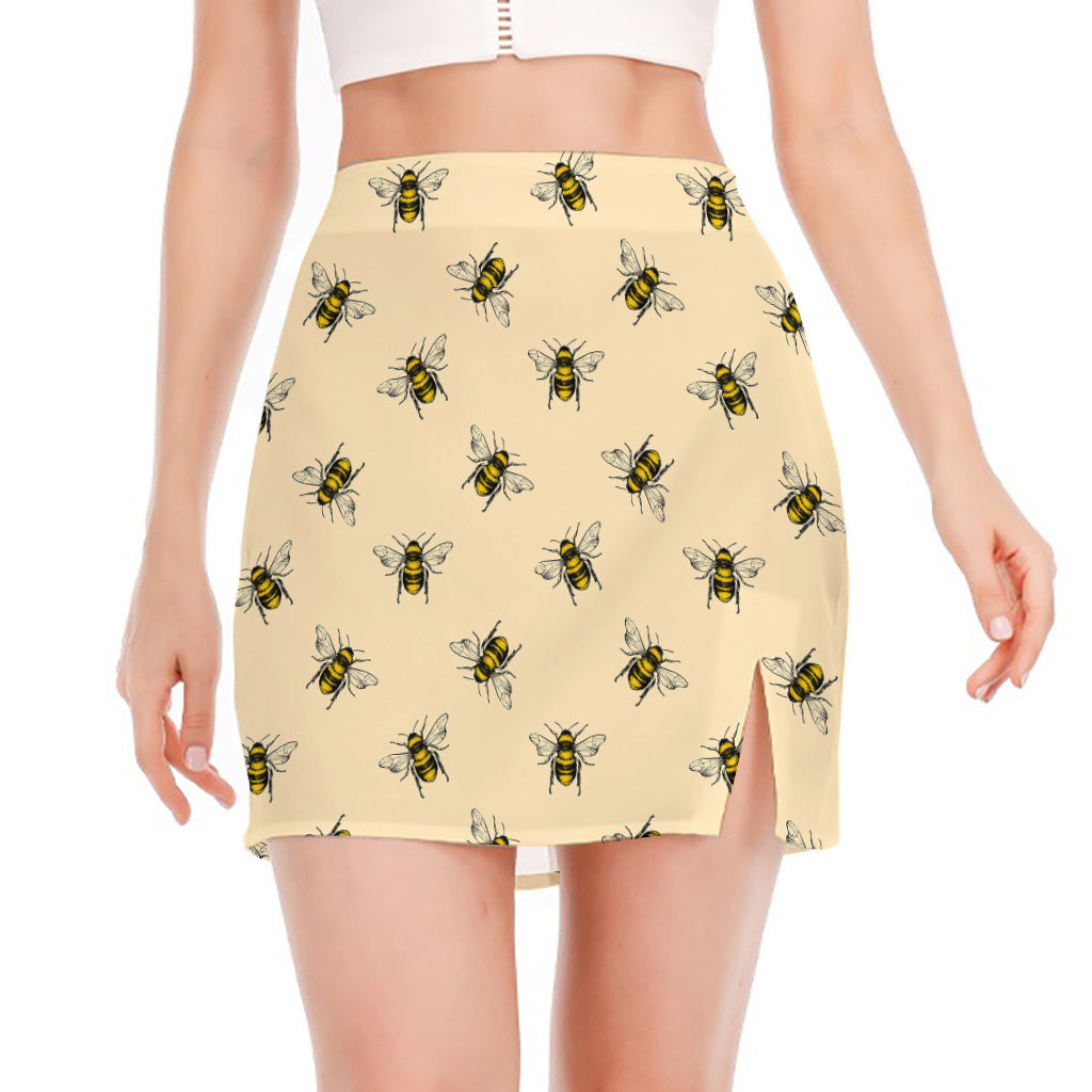 Vintage Bee Pattern Print Side Slit Mini Skirt