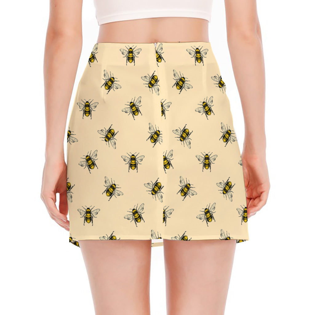 Vintage Bee Pattern Print Side Slit Mini Skirt